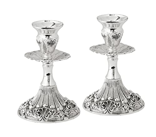 Silver Plated Candlesticks  2 Pack Set  Pair of 5 Inch Ornate Candle Holders with Round Base and Floral Design