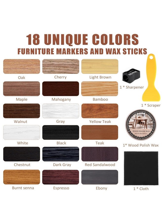 سيسو مجموعة إصلاح الأثاث SEISSO، 18 لونًا من أقلام التحديد وعصي حشو الخشب مع شمع تلميع الخشب - مجموعة إصلاح الأثاث لتغطية الخدوش والبقع والثقوب للطاولة الخشبية والخزانة والأرضيات والباب - Image 2