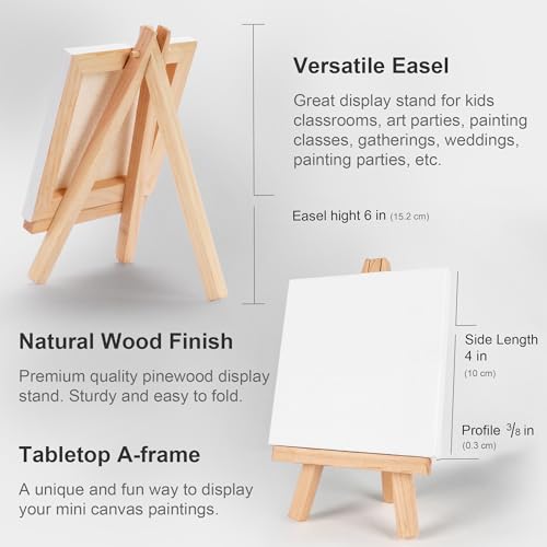 AUREUO Mini Canvas and Easel Set - 4x4 Inch/ 12 Pack - 2/5 Inch Profile Small Square Canvas with Display Stand - Art Gift Set Bulk Pack Canvases for Acrylic Painting & Craft - Image 2