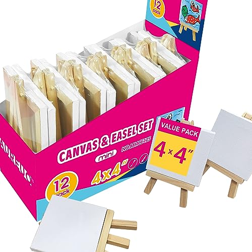 AUREUO Mini Canvas and Easel Set - 4x4 Inch/ 12 Pack - 2/5 Inch Profile Small Square Canvas with Display Stand - Art Gift Set Bulk Pack Canvases for Acrylic Painting & Craft - Image 1