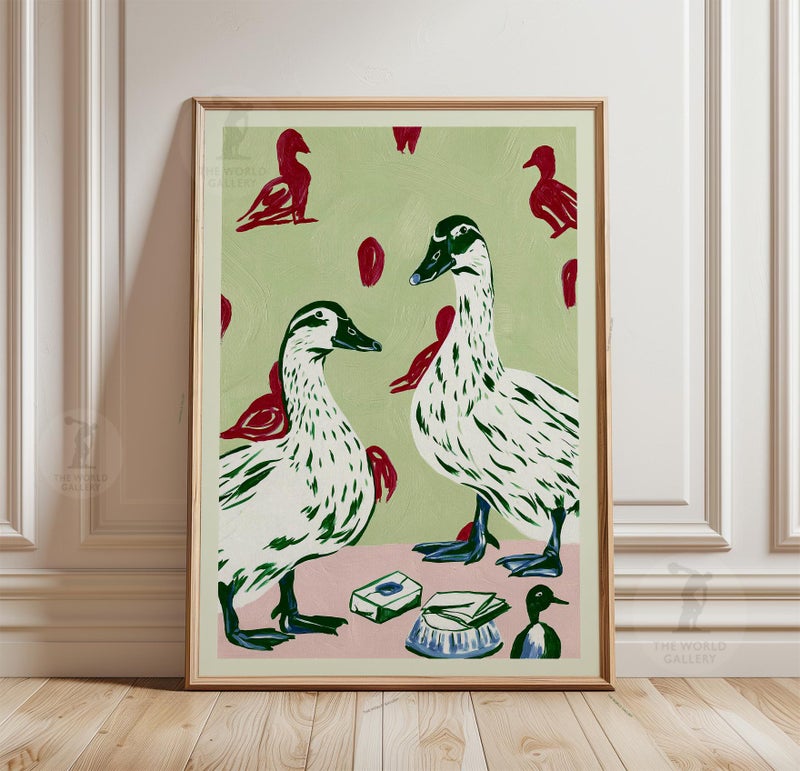 TNESSENTIAL Duck Folk Art Poster, Green Animal Print, Paper Wall Decor - Image 1