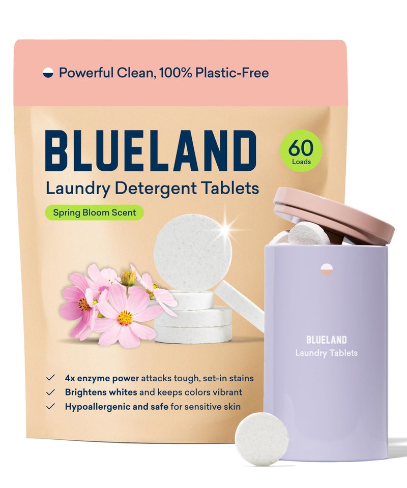 BLUELAND Laundry Detergent Tablets, Starter Set, Spring Bloom Scent, 60 Count with Tin, Plastic-Free Eco-Friendly Pods, Sheets, Liquid Alternative - Natural, Gentle - Image 1