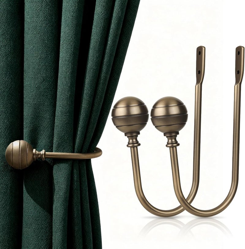 gobutend Large Curtain Holdbacks, 2pcs Curtains Holder Wall Mounted Drapery Tiebacks Retro Window Hook for Home Decor, Antique Brass - Image 1