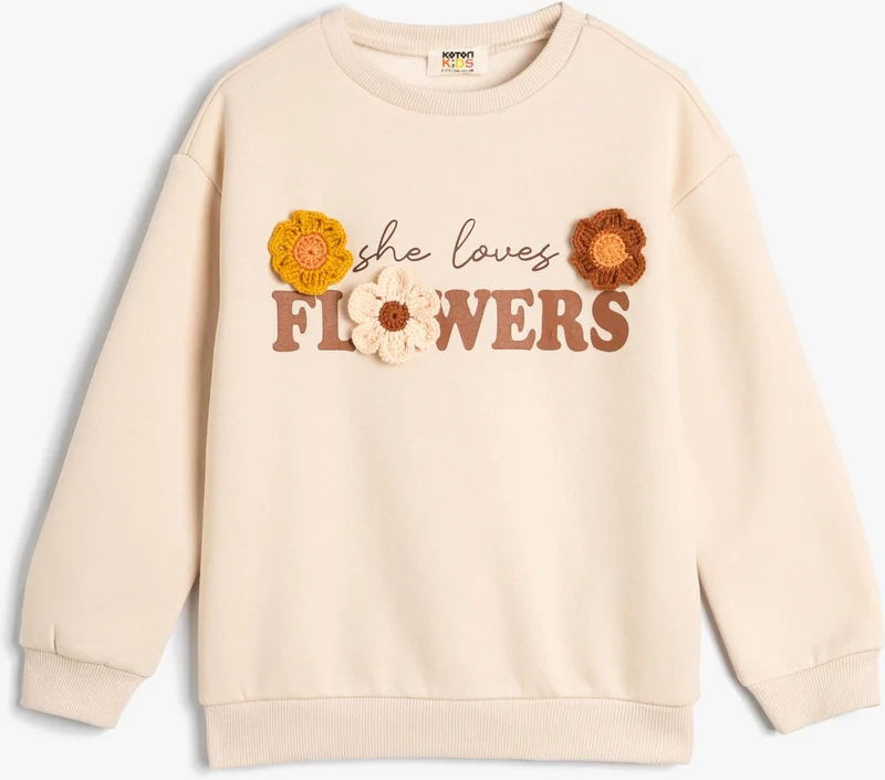 كوتون Sweat Floral Applique Detailed Long Sleeve Crew Neck With Ribbon