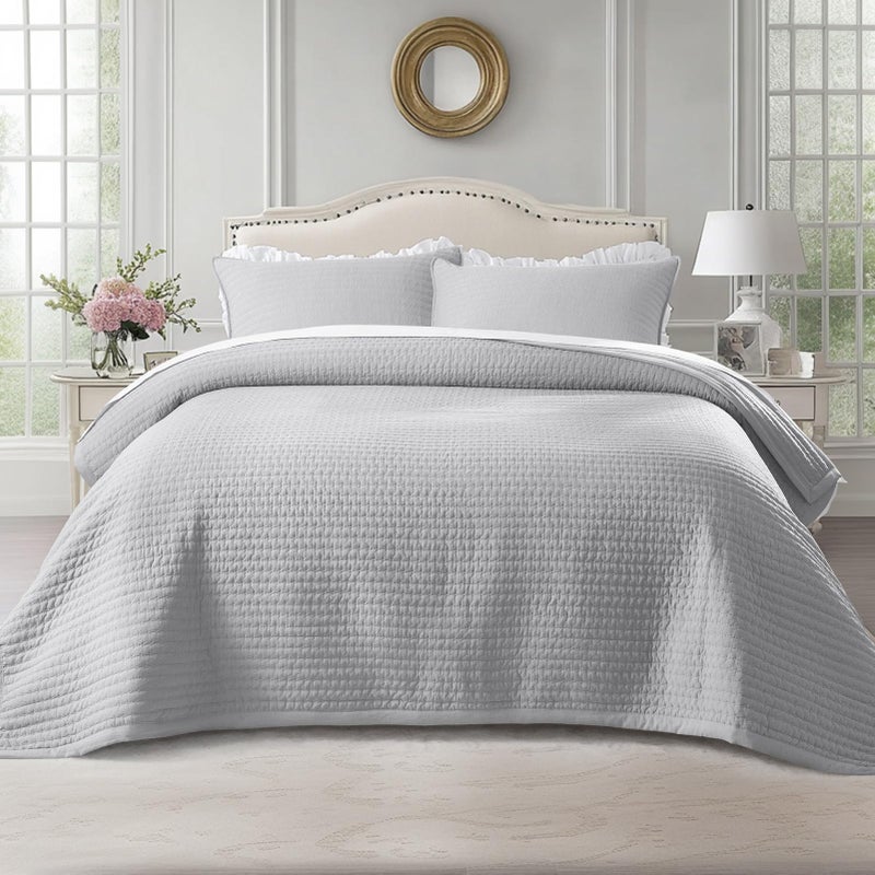 KASENTEX Queen Quilt Set 90x90 Soft Washed 3Layer Lightweight Bedspread Minimalist Nordic Design AllSeason Spring Summer Quilt Set 1 Quilt 2 Pillow Shams Gull