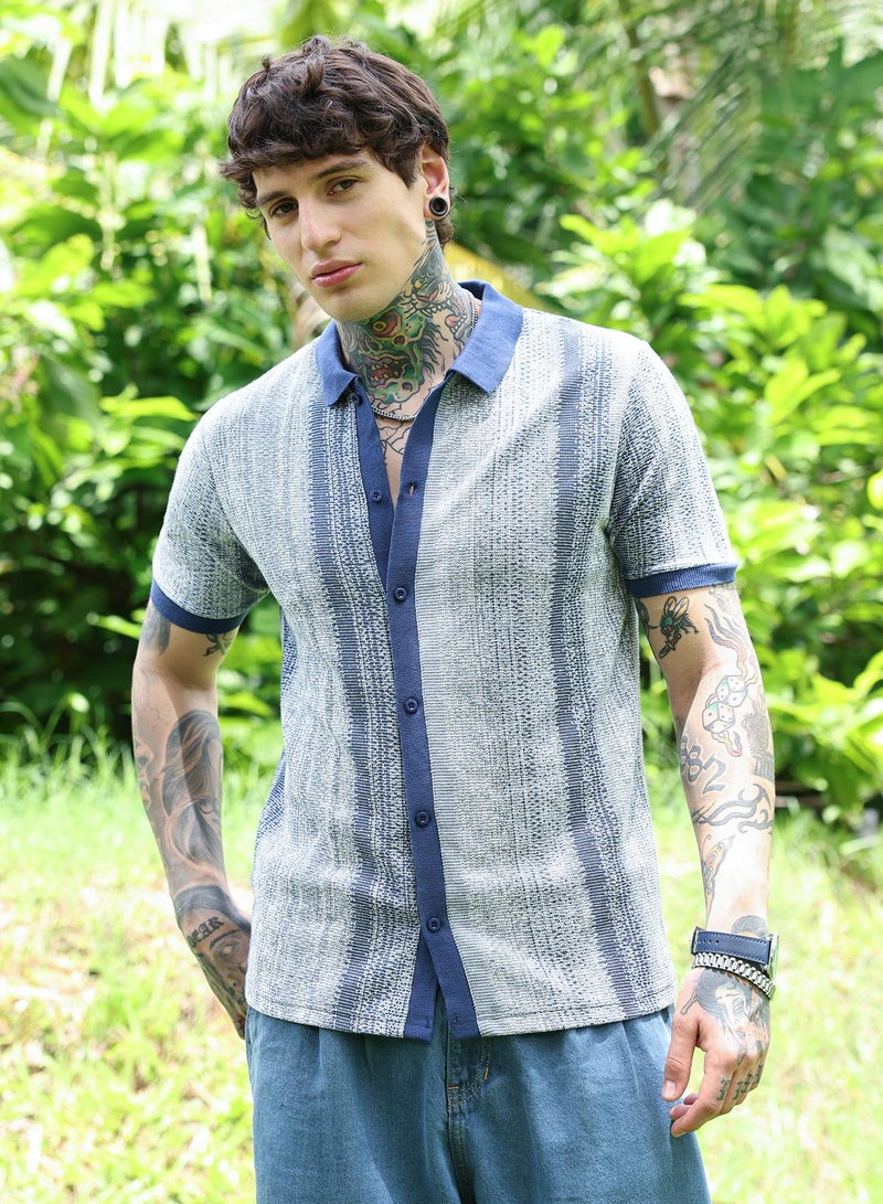 Campus Sutra Campus Sutra Men's Azure Blue Gradient Jacquard-Knit Polo Shirt | Regular Fit Half Sleeve Polo Collar Textured Design | Cotton Blend & Breathable Fabric For Streetwear & Daily Use - Image 2