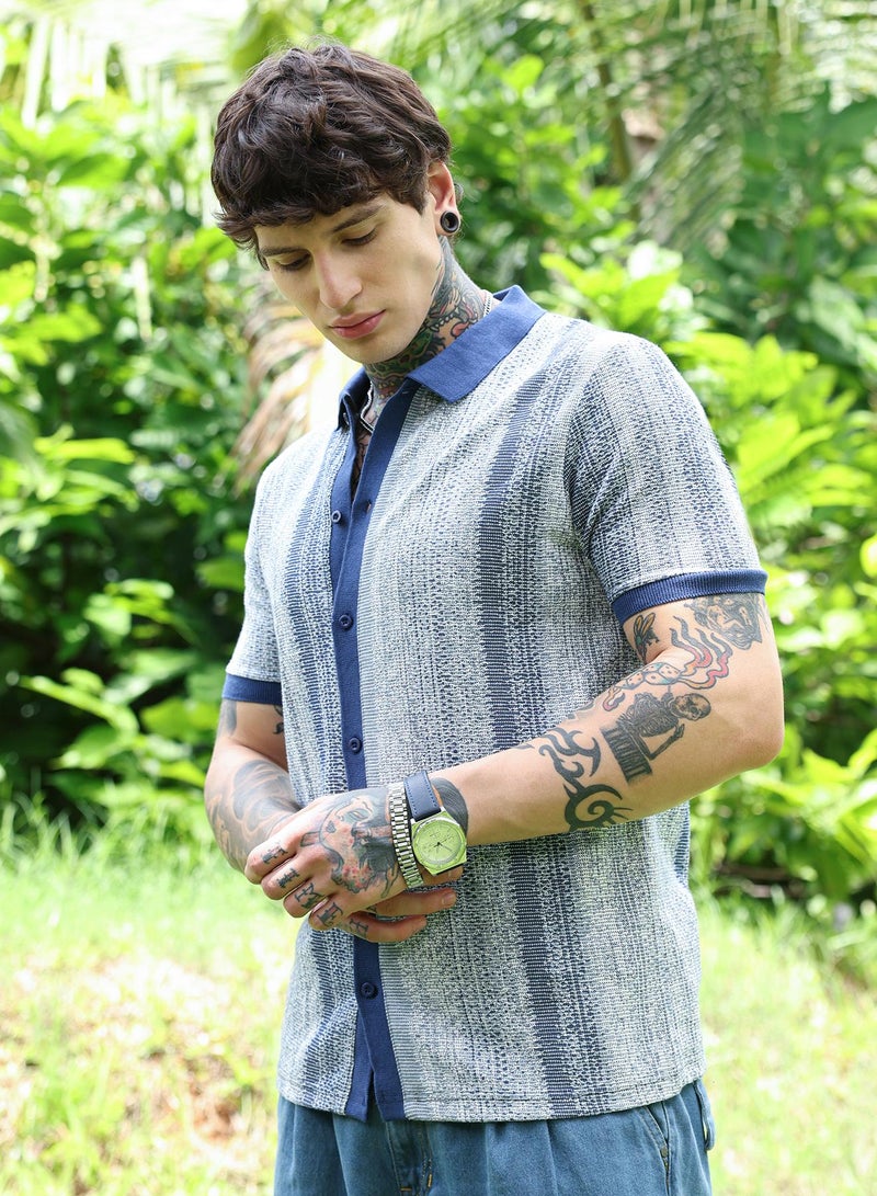 Campus Sutra Campus Sutra Men's Azure Blue Gradient Jacquard-Knit Polo Shirt | Regular Fit Half Sleeve Polo Collar Textured Design | Cotton Blend & Breathable Fabric For Streetwear & Daily Use - Image 3