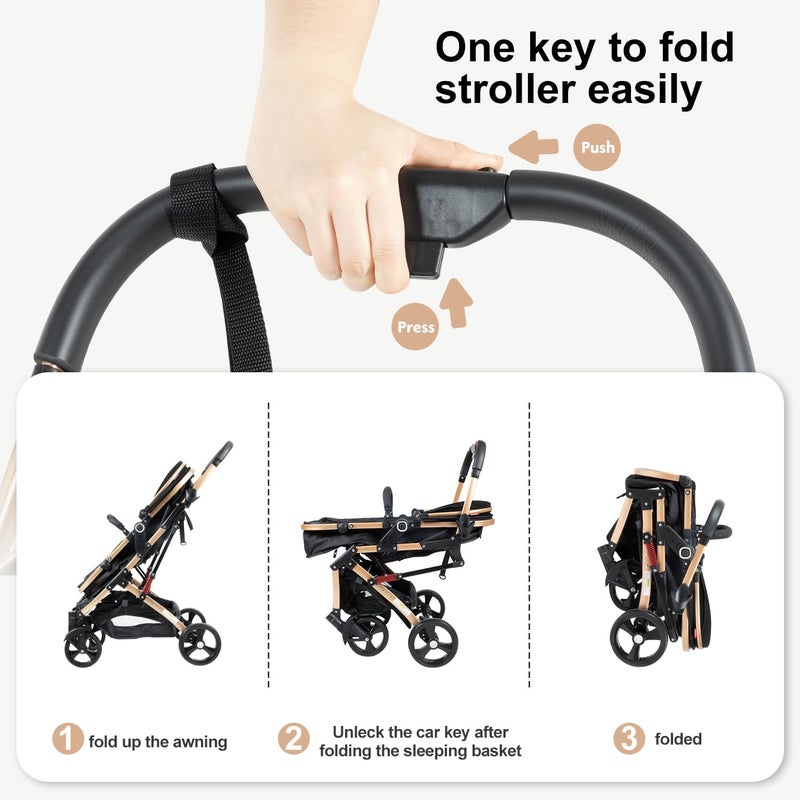 PEARLOVE 2 in 1 Baby Stroller Newborn Foldable Pushchair Folding High Landscape Infant Carriage,Toddler Pushchair Black Baby Stroller - Image 5