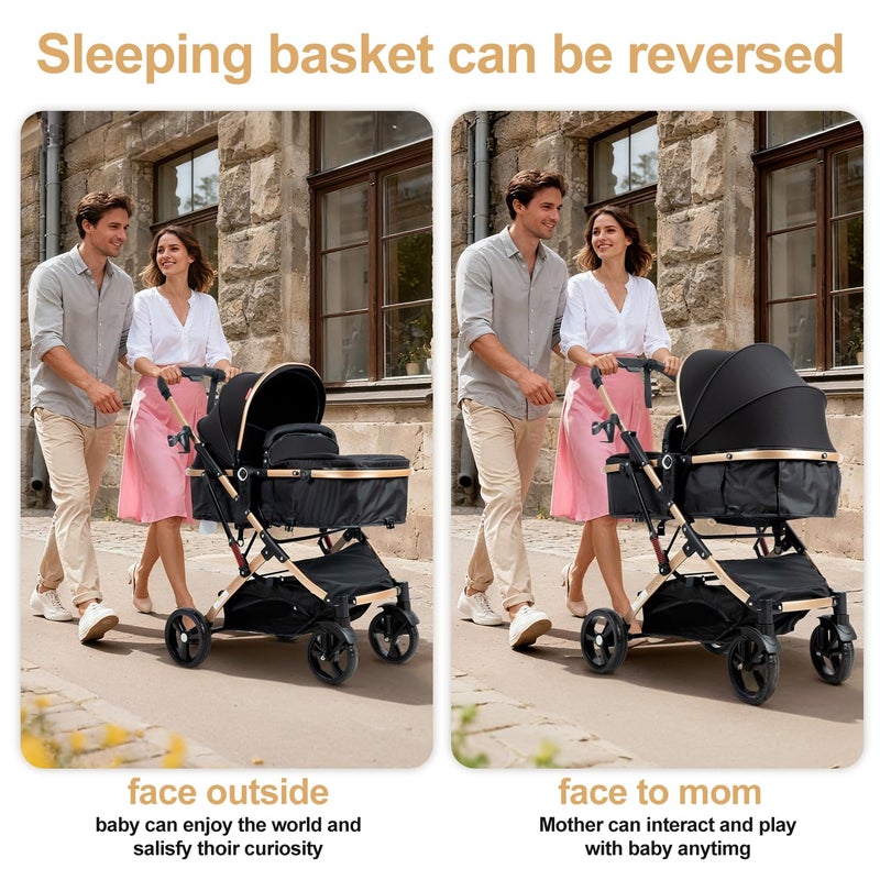 PEARLOVE 2 in 1 Baby Stroller Newborn Foldable Pushchair Folding High Landscape Infant Carriage,Toddler Pushchair Black Baby Stroller - Image 2
