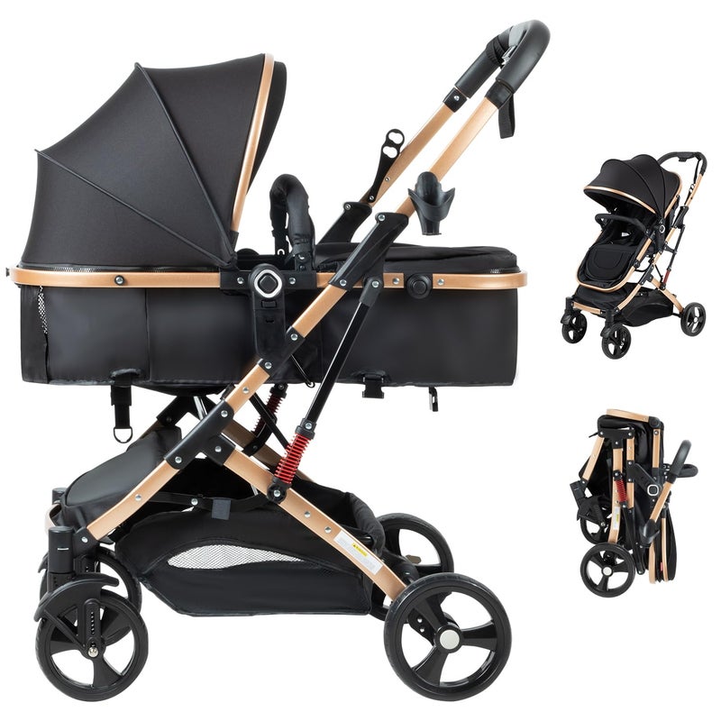 PEARLOVE 2 in 1 Baby Stroller Newborn Foldable Pushchair Folding High Landscape Infant Carriage,Toddler Pushchair Black Baby Stroller - Image 1