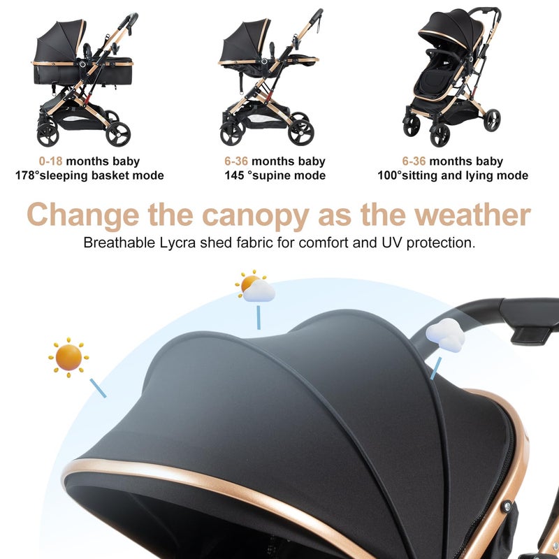 PEARLOVE 2 in 1 Baby Stroller Newborn Foldable Pushchair Folding High Landscape Infant Carriage,Toddler Pushchair Black Baby Stroller - Image 3