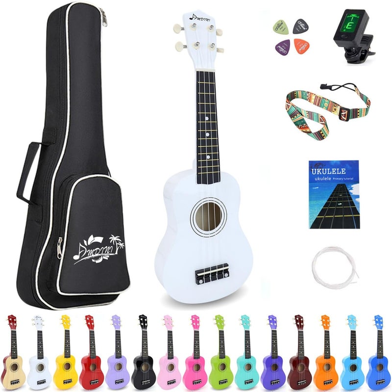 Amdini 21 Inch Ukulele for Beginners Basswood Soprano Ukelele Kit for Kids Adult Student Starter Mini Guitar Ukalelee Pack Bundle with Book Gig Bag Tuner Strap Picks Nylon Strings (White) - Image 1