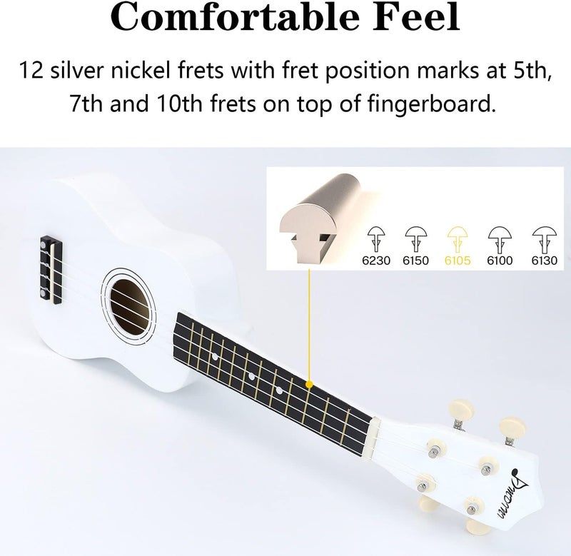 Amdini 21 Inch Ukulele for Beginners Basswood Soprano Ukelele Kit for Kids Adult Student Starter Mini Guitar Ukalelee Pack Bundle with Book Gig Bag Tuner Strap Picks Nylon Strings (White) - Image 5
