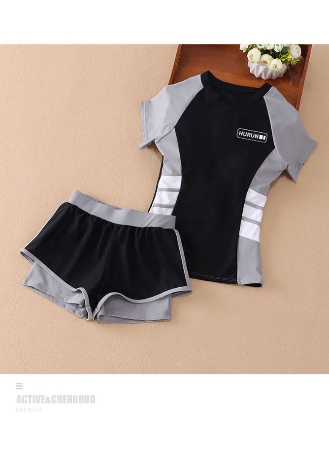 ملابس سباحة للبنات من قطعتين بأكمام قصيرة - حماية من الأشعة فوق البنفسجية، تصميم منقسم، سريع الجفاف ومريح - Image 3