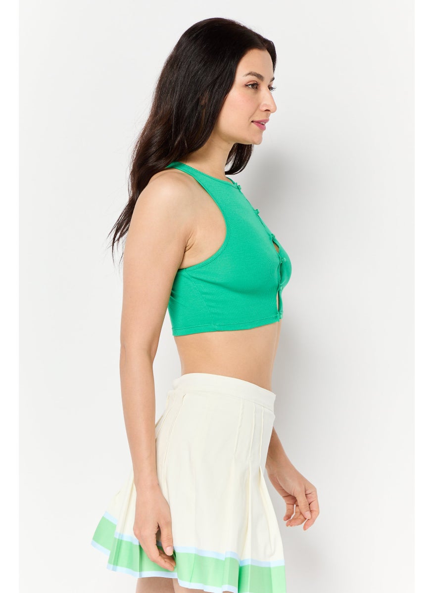 Couture - Women Round Neck Sleeveless Ribbed Crop Tank Top, Green - Image 1