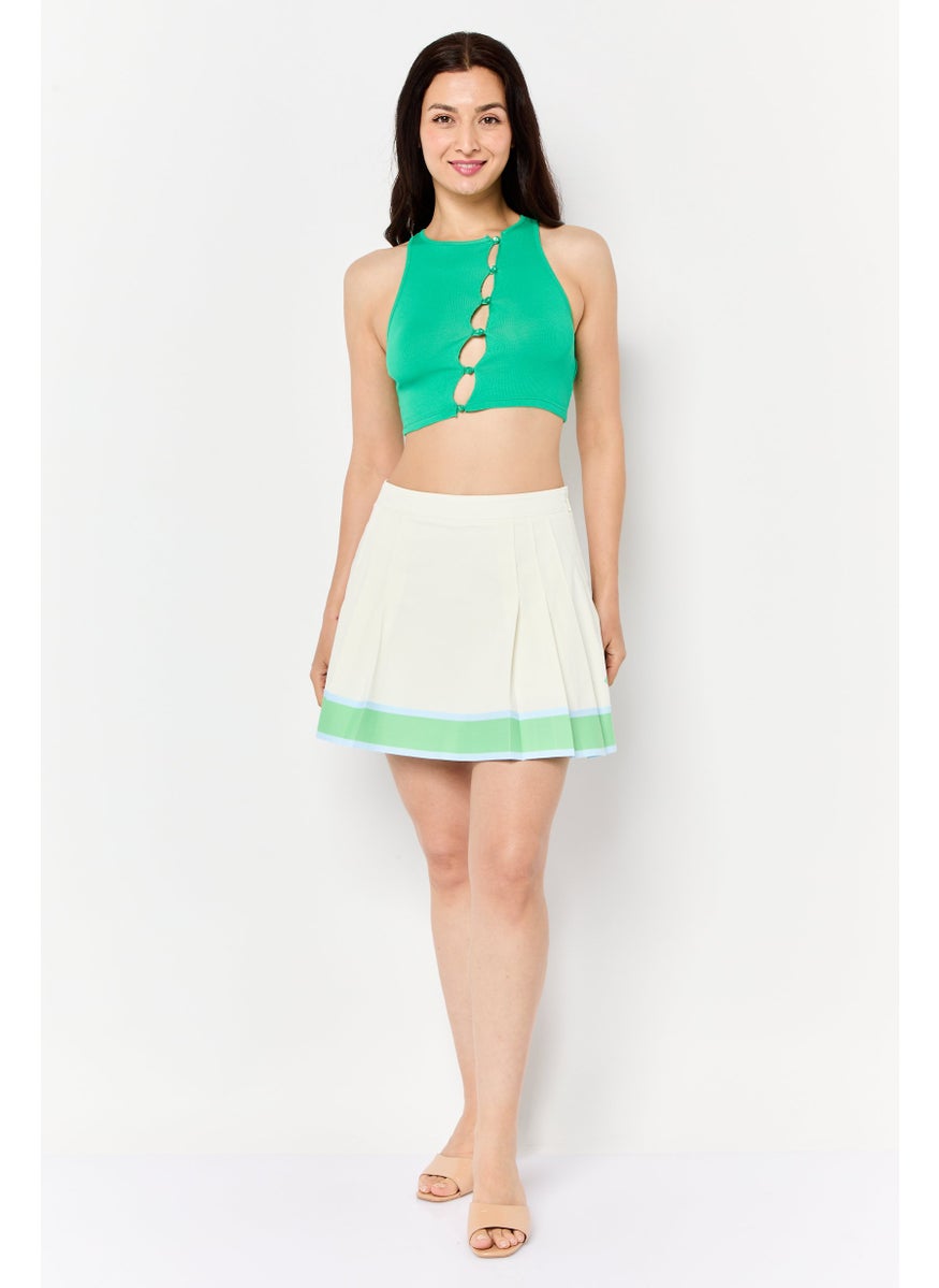 Couture - Women Round Neck Sleeveless Ribbed Crop Tank Top, Green - Image 1