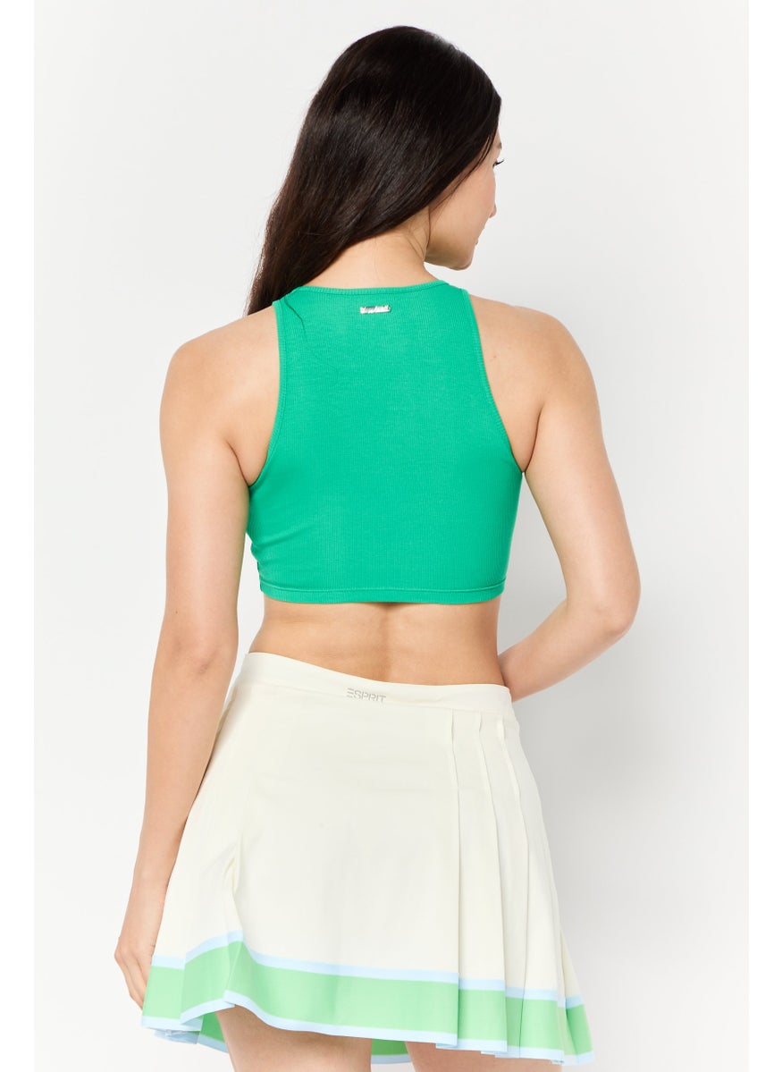 Couture - Women Round Neck Sleeveless Ribbed Crop Tank Top, Green - Image 1