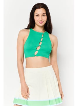 Women Round Neck Sleeveless Ribbed Crop Tank Top, Green