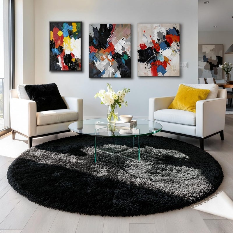 Amdrebio 183cm Round Rug for Bedroom Fluffy Plush Large Modern Cool for Babies Kids Teens Boys Men Living Room Office Playroom Kindergarten Flats Black - Image 3