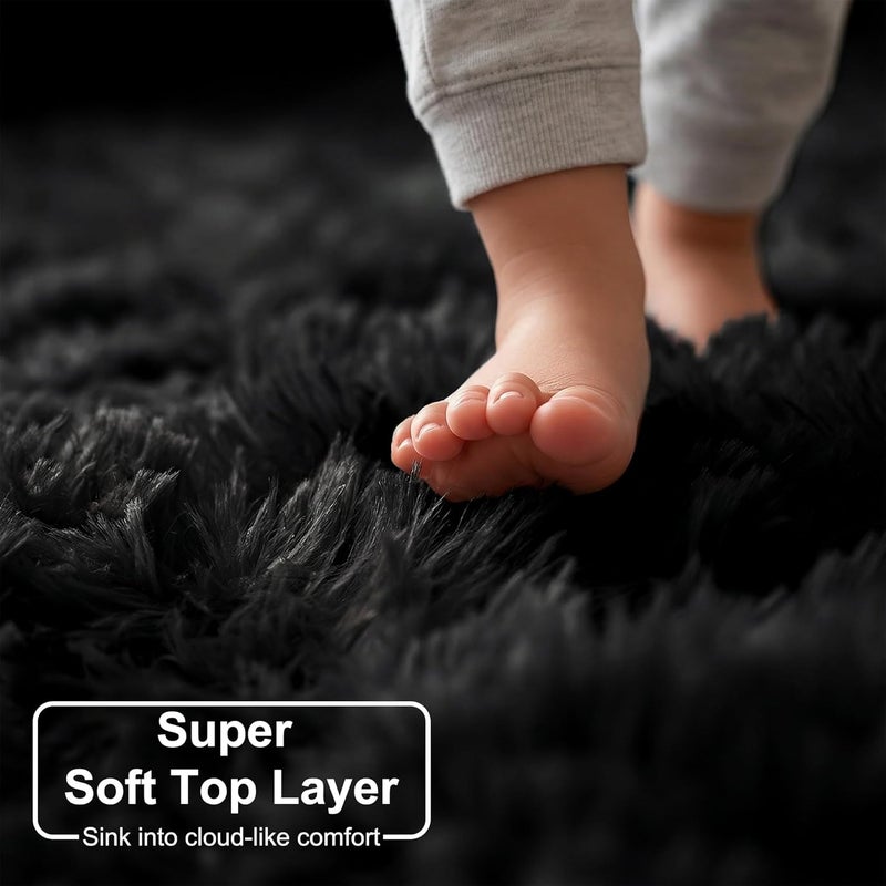Amdrebio 183cm Round Rug for Bedroom Fluffy Plush Large Modern Cool for Babies Kids Teens Boys Men Living Room Office Playroom Kindergarten Flats Black - Image 2
