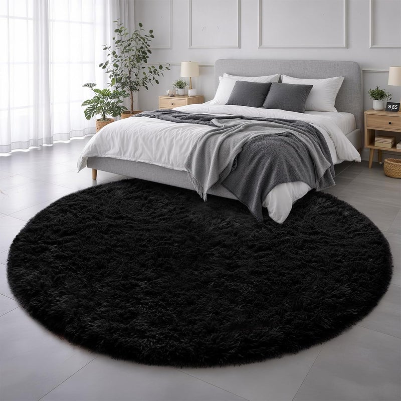 Amdrebio 183cm Round Rug for Bedroom Fluffy Plush Large Modern Cool for Babies Kids Teens Boys Men Living Room Office Playroom Kindergarten Flats Black - Image 1