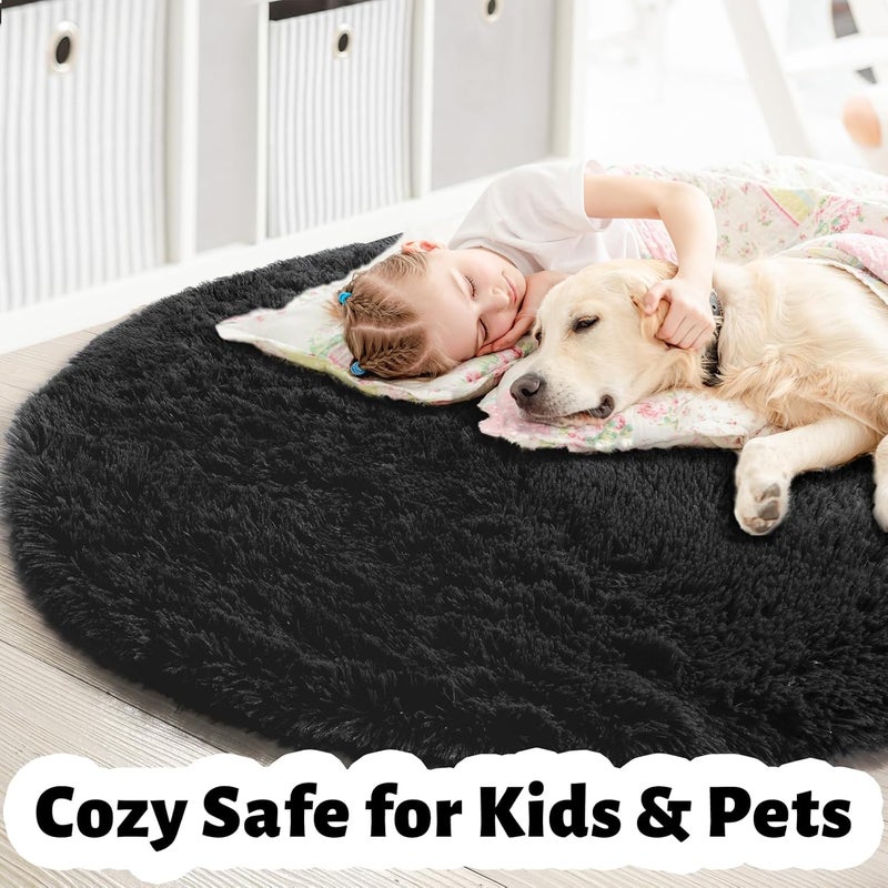 Amdrebio 183cm Round Rug for Bedroom Fluffy Plush Large Modern Cool for Babies Kids Teens Boys Men Living Room Office Playroom Kindergarten Flats Black - Image 4
