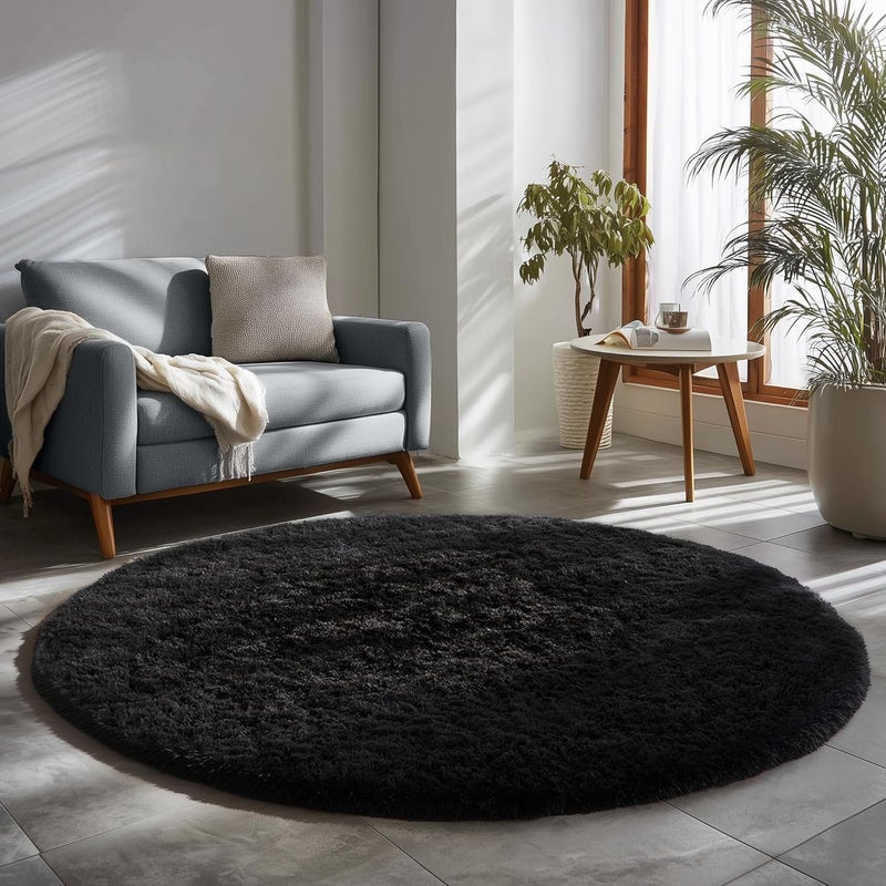 Amdrebio 183cm Round Rug for Bedroom Fluffy Plush Large Modern Cool for Babies Kids Teens Boys Men Living Room Office Playroom Kindergarten Flats Black - Image 5
