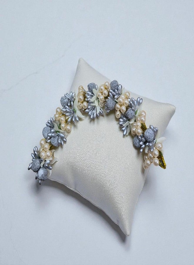 Ruhi Creation Artificial Silver Flower & Pearl Hair Gajra | Elegant Bun Accessory for Women & Girls | Handmade Floral Juda Decoration for Wedding, Festive - Image 5