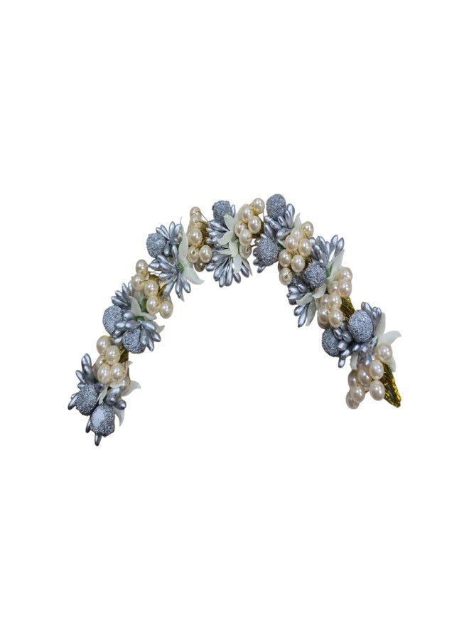 Ruhi Creation Artificial Silver Flower & Pearl Hair Gajra | Elegant Bun Accessory for Women & Girls | Handmade Floral Juda Decoration for Wedding, Festive - Image 2