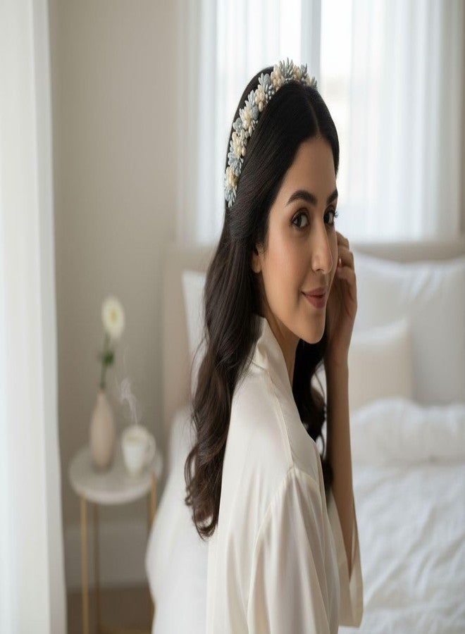 Ruhi Creation Artificial Silver Flower & Pearl Hair Gajra | Elegant Bun Accessory for Women & Girls | Handmade Floral Juda Decoration for Wedding, Festive - Image 1