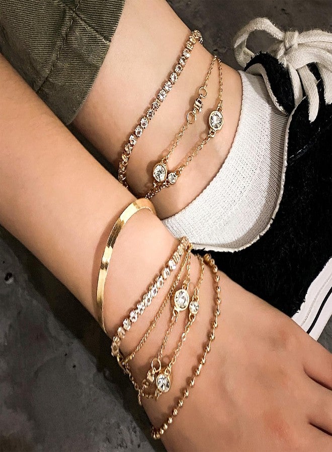 17IF 5 Pcs Gold Chain Bracelets For Women 14k Gold Plated Cubic Zirconia Link Bracelet Trendy Half Diamond Link Stackable Adjustable Bracelet Jewelry Gift - Image 3