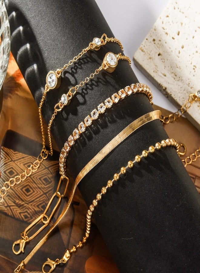 17IF 5 Pcs Gold Chain Bracelets For Women 14k Gold Plated Cubic Zirconia Link Bracelet Trendy Half Diamond Link Stackable Adjustable Bracelet Jewelry Gift - Image 4