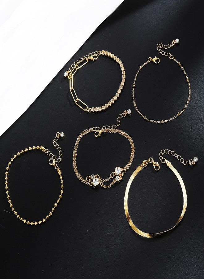 17IF 5 Pcs Gold Chain Bracelets For Women 14k Gold Plated Cubic Zirconia Link Bracelet Trendy Half Diamond Link Stackable Adjustable Bracelet Jewelry Gift - Image 5