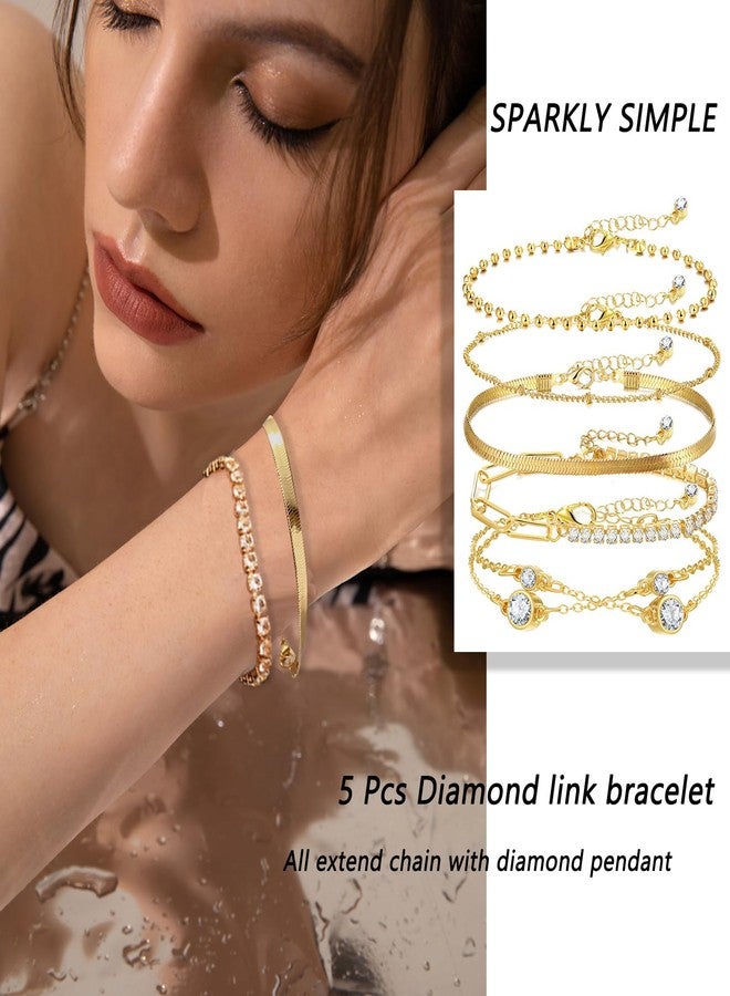 17IF 5 Pcs Gold Chain Bracelets For Women 14k Gold Plated Cubic Zirconia Link Bracelet Trendy Half Diamond Link Stackable Adjustable Bracelet Jewelry Gift - Image 2
