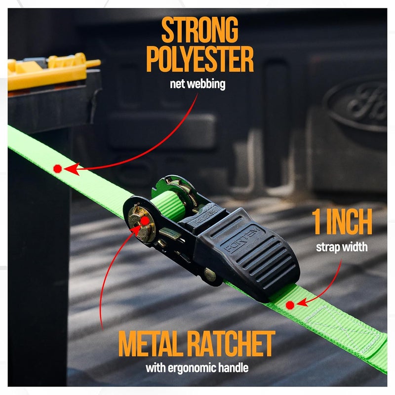 FORTEM Ratchet Straps, Tie Down Strap Set 1650lb Break Strength, 4 Pack 15ft x 1in, 4 Soft Loops, Moving Straps Tie Downs, Cargo Cam Buckles for Trucks, Carry Bag, for Men - Image 2