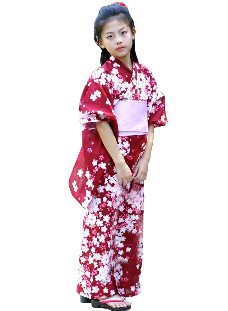 Al Aoyama Children Girls Red Japanese Kimono Bathrobe Gown Print Flower Performance Clothing Yukata Soft Cosplay Costume…  - Image 1