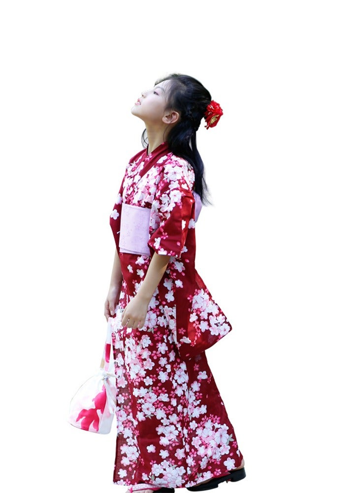 Al Aoyama Children Girls Red Japanese Kimono Bathrobe Gown Print Flower Performance Clothing Yukata Soft Cosplay Costume…  - Image 2