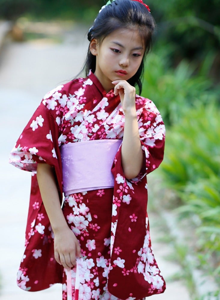 Al Aoyama Children Girls Red Japanese Kimono Bathrobe Gown Print Flower Performance Clothing Yukata Soft Cosplay Costume…  - Image 4