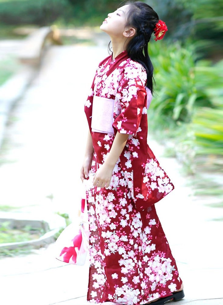 Al Aoyama Children Girls Red Japanese Kimono Bathrobe Gown Print Flower Performance Clothing Yukata Soft Cosplay Costume…  - Image 5