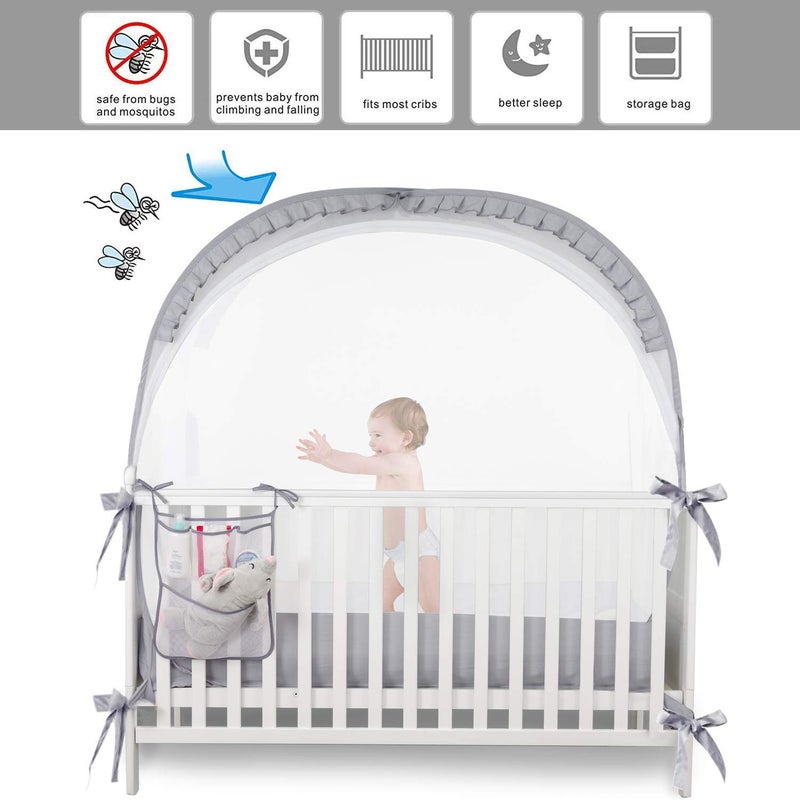 ZXPLO Baby Safety Crib Tent Infant Pop up Mosquito Net Nursery Bed Canopy Netting Cover - Keep Baby from Climbing Out with Hanging Diaper Storage Bag (Gray) - Image 4