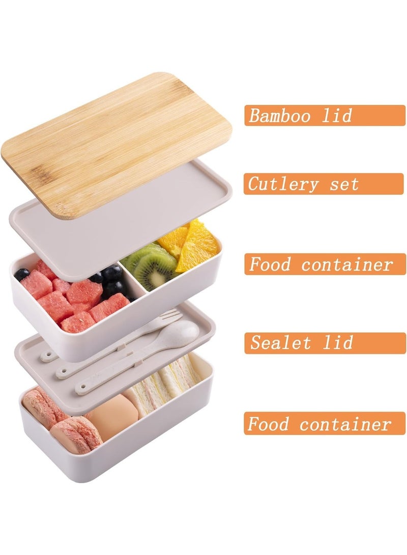 FALAHOM Bento Box Adult Lunch Box, 2 Stackable Japanese Bamboo Bento Lunch Box Set with Compartments, Leak-Proof Lids & Dividers, Includes Lunch Bag, Built-in Utensil Set, BPA Free - Image 3