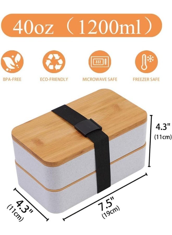 FALAHOM Bento Box Adult Lunch Box, 2 Stackable Japanese Bamboo Bento Lunch Box Set with Compartments, Leak-Proof Lids & Dividers, Includes Lunch Bag, Built-in Utensil Set, BPA Free - Image 2