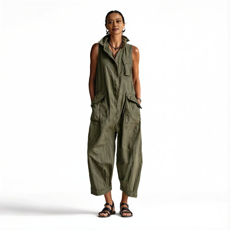 Womens Linen Blend Sleeveless Jumpsuit Loose Casual Pocketed 3XL Khaki Breathable Summer Overalls - Image 1