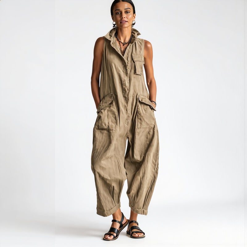 Womens Linen Blend Sleeveless Jumpsuit Loose Casual Pocketed 3XL Khaki Breathable Summer Overalls - Image 2