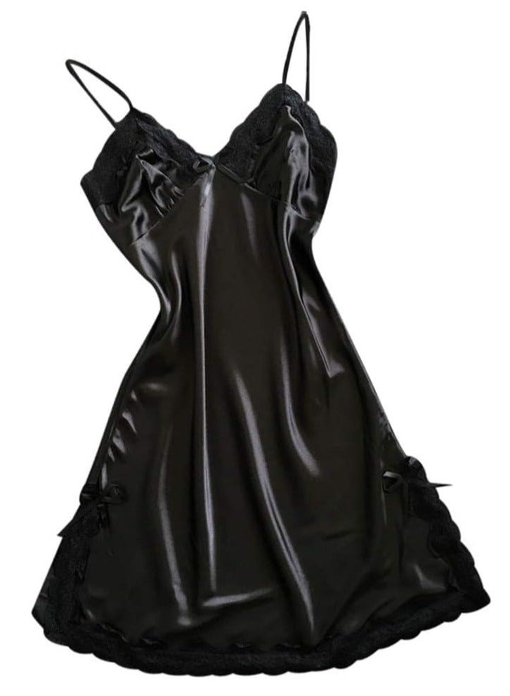 Women Floral  Lace Trim Satin Nightgown Cami Slip  Sleepwear Dress.  - Image 1