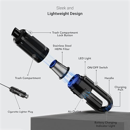 Dylect Wireless Car Vacuum Cleaner: 6000Pa Strong Suction,4000Mah Battery,Fast Type-C Charging,Washable Hepa Steel Filter,Copper Motor,Compact&Lightweight for Dry Use,0.2 Liter - Image 4