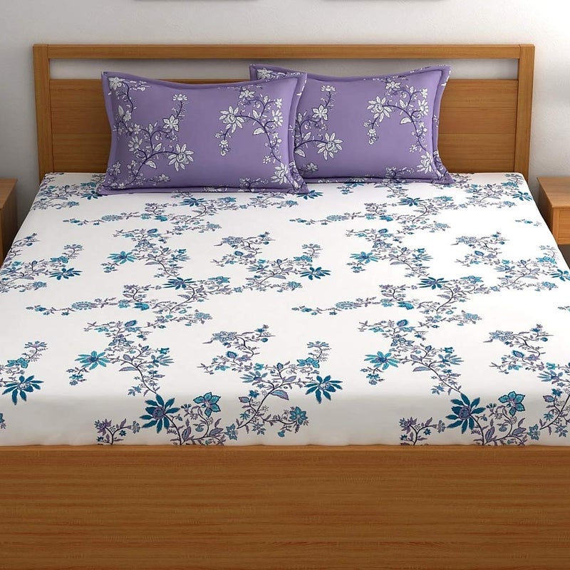 Home Ecstasy 100 Cotton King Fitted Bedsheet with 2 Pillow Covers Size 72 x 78 inches 140 TC Colour Lavender - Image 2