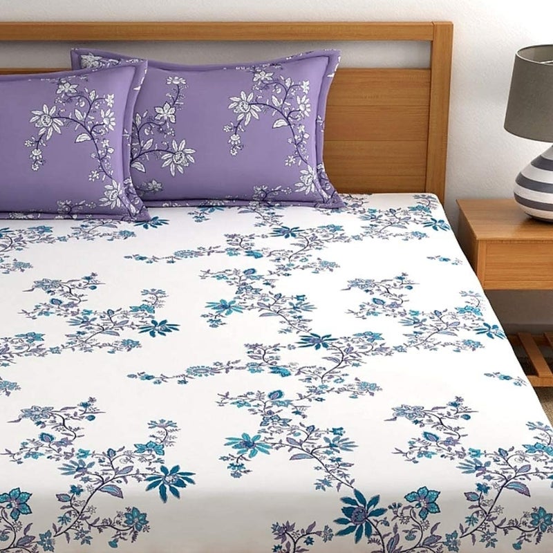 Home Ecstasy 100 Cotton King Fitted Bedsheet with 2 Pillow Covers Size 72 x 78 inches 140 TC Colour Lavender - Image 3