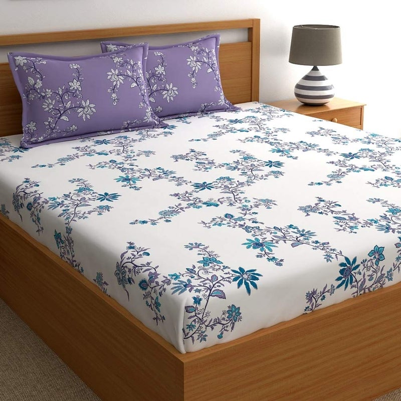 Home Ecstasy 100 Cotton King Fitted Bedsheet with 2 Pillow Covers Size 72 x 78 inches 140 TC Colour Lavender - Image 1