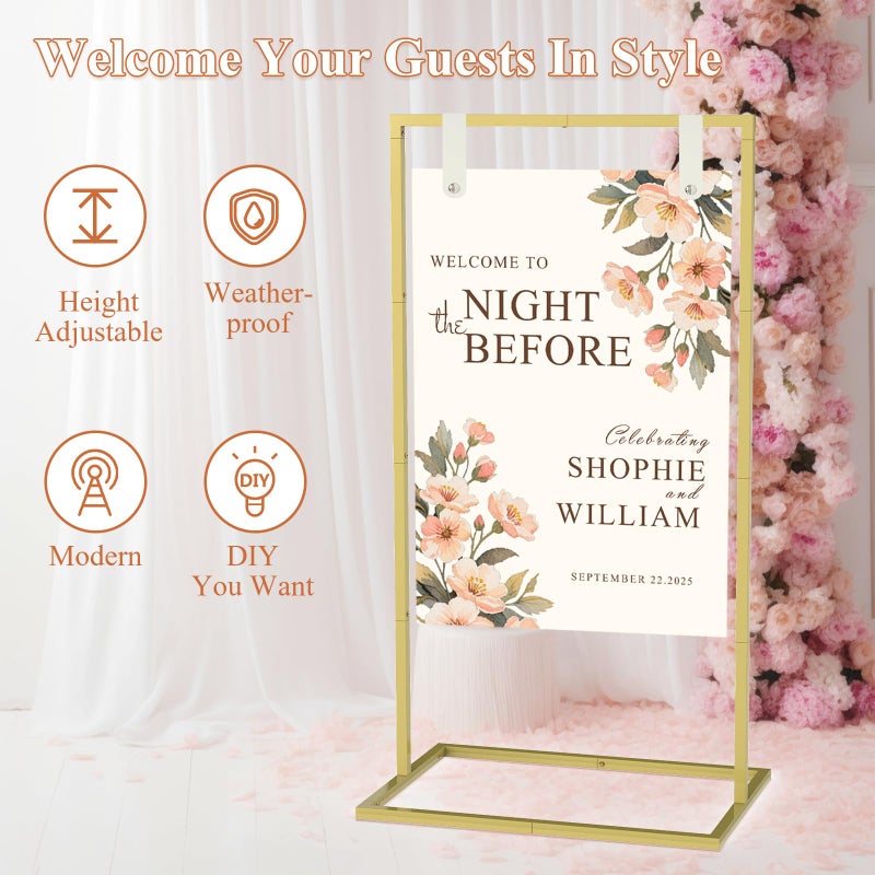 JCMCDO Elegant Wedding Sign Stand Holder, Sturdy Wedding Welcome Sign Holder with 8 Pair Satin Ribbon & 2 Leather Strap for Seating Charts & Event Decor Wedding Seating Chart Stand, Easel for Display (Gold) - Image 3